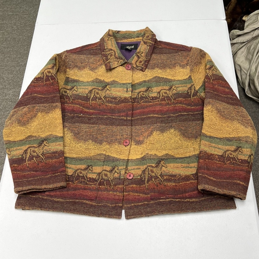 natural Tapestry Jacket Womens L Brown equestrian Horse Southwestern Woven Coat